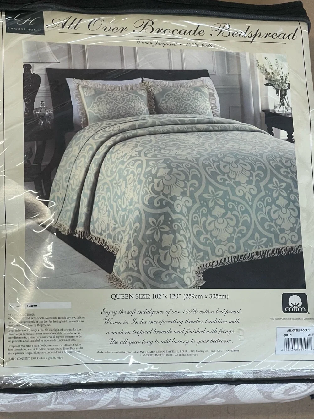 Lamont Home All Over Brocade Bedspread Woven Jacquard Linen Cream Fringed  Queen